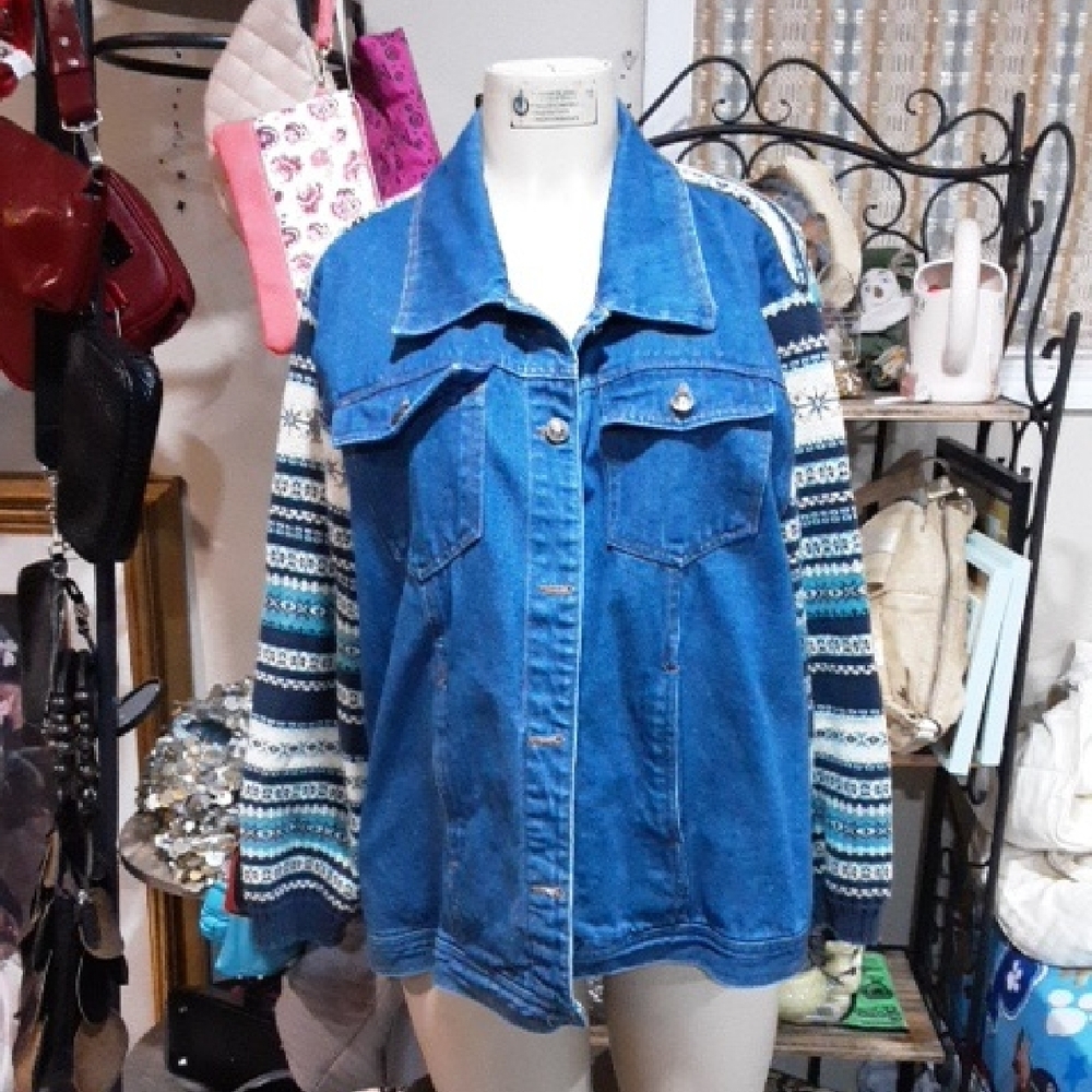 Faded Glory Blue Jean Jacket with Patterned Sleeves